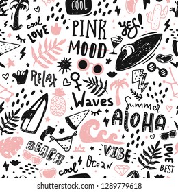 Summer seamless pattern with doodle icons and lettering. Modern wallpaper decoration with surf board, sun, watermelon , waves