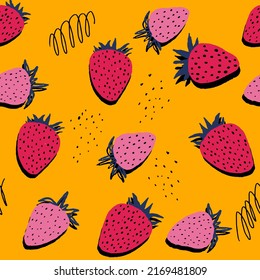 Patrón veraniego sin soldadura con el doodle de fresa y formas orgánicas. fondo creativo fresco. Papel pintado de dulce dulce de la mano. Ilustración del vector
