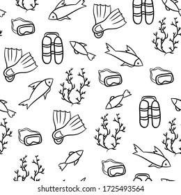 Summer seamless pattern in Doodle style on a white background with scuba, flippers and fish in the sea. Abstract infinite texture.Vector illustration. Design for travel and beach holidays.