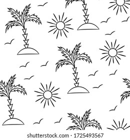 Summer seamless pattern in Doodle style on a white background with Palm tree on the island. Abstract infinite texture.Vector illustration. Design for travel and beach holidays.