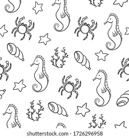 Summer seamless pattern in Doodle style on a white background with seahorse, shell and crab. Abstract infinite texture.Vector illustration. Design for travel and beach holidays.