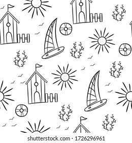 Summer seamless pattern in Doodle style on a white background with Sailboat and Hut on the beach. Abstract infinite texture.Vector illustration. Design for travel and beach holidays.