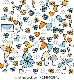 Summer seamless pattern doodle vector. Flowers, birds and hearts. To create summer textiles, paper packaging, love cards and more.