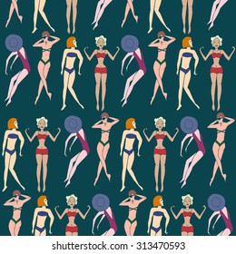 Summer seamless pattern of doodled women and girls in swimsuits enjoying holidays on the beach. Vector illustration.
with  Relaxing on the beach. Vector illustration