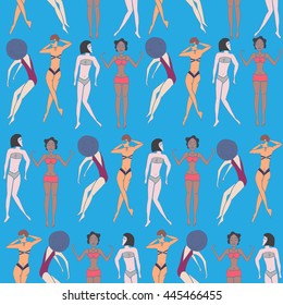 Summer seamless pattern of doodled women and girls in swimsuits enjoying holidays on the beach. Vector illustration.