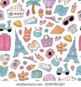 Summer seamless pattern with doodles, cartoon elements for backgrounds, seasonal textile prints, wallpaper, stationery, wrapping paper, covers, social media decor, etc. EPS 10