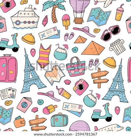 Summer seamless pattern with doodles, cartoon elements for backgrounds, seasonal textile prints, wallpaper, stationery, wrapping paper, covers, social media decor, etc. EPS 10