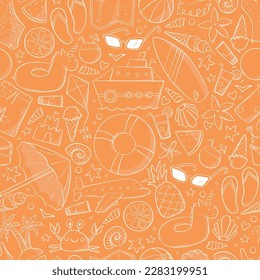 summer seamless pattern with doodles on orange background for wallpaper, scrapbooking, wrapping paper, stationary, textile prints, etc. EPS 10