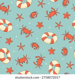 Summer seamless pattern with doodles of starfish, crabs and lifebuoy for nursery textile prints, scrapbooking, wallpaper, wrapping paper, stationery, digital paper, etc. EPS 10