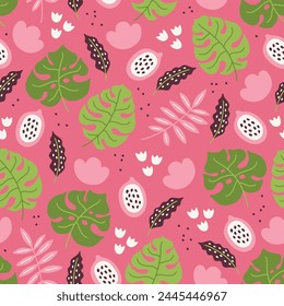 Summer seamless pattern with dragon fruit, monsera and palm leaves on pink background. Perfect for seasonal greetings, wallpaper, wrapping paper, fabric. Vector illustration