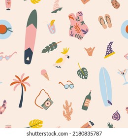 Summer seamless pattern with elements for a beach holiday. Hawaiian background for textile, fabric, stationery, clothes, teen, wear, swimming wear. Miami vector texture with palm tree, bikini, hat.