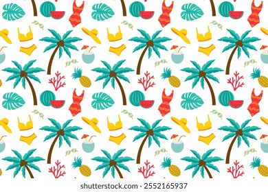 Summer seamless pattern with elements sunglasses, pineapple, watermelon, palm tree, coconut, swimsuit, panama hat, coral, monstera leaf on a white background. For fabric, wrapping paper, cards, poster