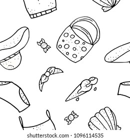 Summer seamless pattern. Endless texture with summer theme. Black and white monochrome.