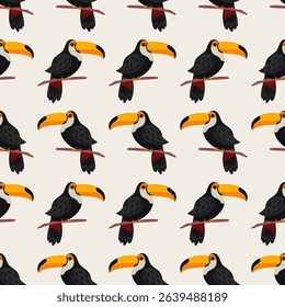 Summer seamless pattern with exotic bird toucan. Tropical wallpaper vector illustration