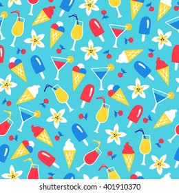 Summer seamless pattern with exotic flowers, ice cream cones, cocktails, popsicles and cherry. Perfect for wallpaper, wrapping paper, web page background, summer greeting cards. Vector illustration