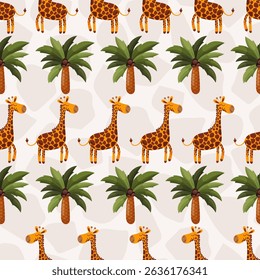 Summer seamless pattern with exotic plants and animals. Palm tree and giraffe ornament vector illustration