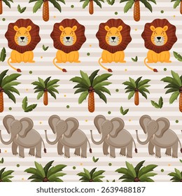 Summer seamless pattern with exotic plants and wild animals. Palm tree ornament, elephant and lion vector illustration