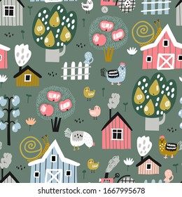 Summer seamless pattern with farm, fruit trees, hen and chicks. Europe nature landscape concept. Perfect for kids fabric, textile, nursery wallpaper. Seamless landscape.