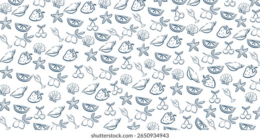 Summer seamless pattern featuring hand-drawn doodles of strawberries, lemons, seashells, starfish, cherries, and cocktail glasses in minimal navy blue line art. 