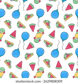  Summer seamless pattern featuring a skateboard, air balloon, sneakers, and a  watermelon slice on a  white background. In doodle style Perfect for textile design, scrapbooking, wallpapers, gift wrap