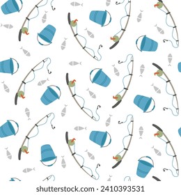 Summer seamless pattern with fish, fishing rod and bucket.Vector illustration in simple cartoon style.