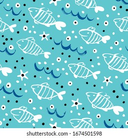 Summer seamless pattern with fishes on a blue background. Drawn with a brush.