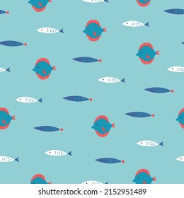 Summer seamless pattern with fishes on turquoise background. Perfect for greetings cards, wallpaper, wrapping paper, fabric. Vector illustration