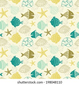 Summer seamless pattern with fishes and seashells. Used for wallpaper, pattern fills, web page background,surface textures.