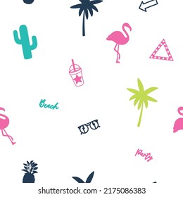 Summer seamless pattern. Flamingo, cactus, palm tree vector print. Fun t-shirt design.Vector illustration design for fashion fabrics, textile graphics, print.