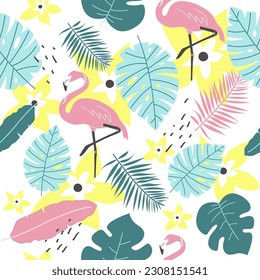 Patrón veraniego sin soldadura de flamingo y hojas tropicales