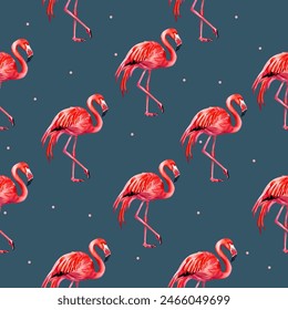 Summer seamless pattern of flamingo. Watercolor flamingo background