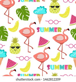 Summer seamless pattern. Flamingo, watermelon, pineapple and holiday elements