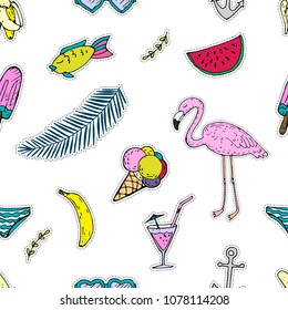 Summer seamless pattern with flamingos, ice cream, watermelon, etc.