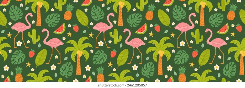 Summer seamless pattern with flamingos and tropical plants. Vector flat background