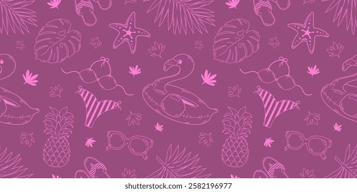 Summer seamless pattern. Flamingos, tropical leaves, sunglasses, pineapple, swimsuit, beach slippers, starfish. Contour sketch.