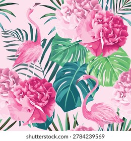 Summer seamless pattern with flamingos, tropical palm leaves and peony. Jungle fashion print. Hawaiian background. Vector illustration