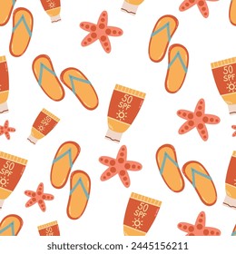 Summer seamless pattern with flip flops and sunscreen. Marine background for greetings, invitations, wrapping paper production, textiles and web design.