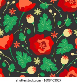 Summer seamless pattern. Floral background. Red poppy vector on black background. Doodle style