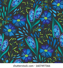 Summer seamless pattern. Floral pattern. Cornflower, other flowers and plants on black background. Doodle style