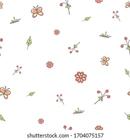 Summer seamless pattern of floral elements and butterflies on a white background. Vector hand drawn illustration.