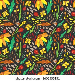 Summer seamless pattern. Floral pattern on black background. Doodle style. Floral print for textile