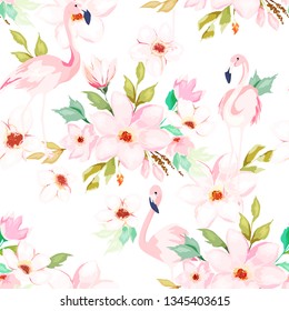 Summer seamless pattern. Floral print with flamingo. Watercolor style. Vector illustration