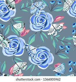 Summer seamless pattern. Floral print with butterflies. Watercolor style. Vector illustration