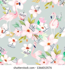 Summer seamless pattern. Floral print with flamingo and butterflies. Watercolor style. Vector illustration