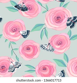Summer seamless pattern. Floral print with butterflies. Watercolor style. Vector illustration