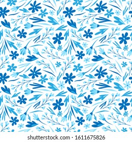 Summer seamless pattern. Floral print for textiles. Blue flowers on white background. Wrapping paper. Doodle style