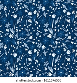 Summer seamless pattern. Floral print for textiles. Blue flowers. Wrapping paper. Doodle style