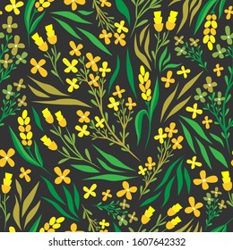 Summer seamless pattern. Floral pattern. Wildflowers and plants on black background. Yellow flowers. Doodle style. Wrapping paper