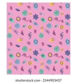 Summer seamless pattern with flower, cute carton, birds, duck, tropical tree, ice crem, for all over print.