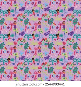 Summer seamless pattern with flower, cute carton, birds, duck, tropical tree, ice crem, for all over print.